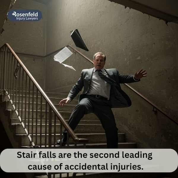 People fall on stairs in a busy public building, showing a common accident risk