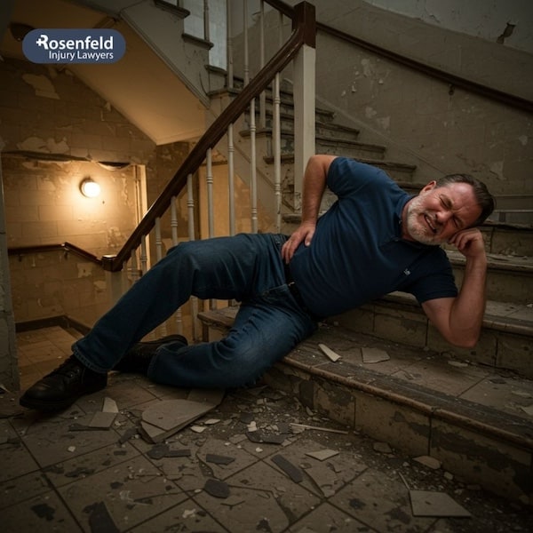 Person experiencing serious injuries after slipping and falling down a flight of stairs